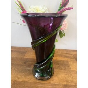 Vintage Murano Style Amethyst Emerald Swirl Art Glass Vase Tall Italian Studio